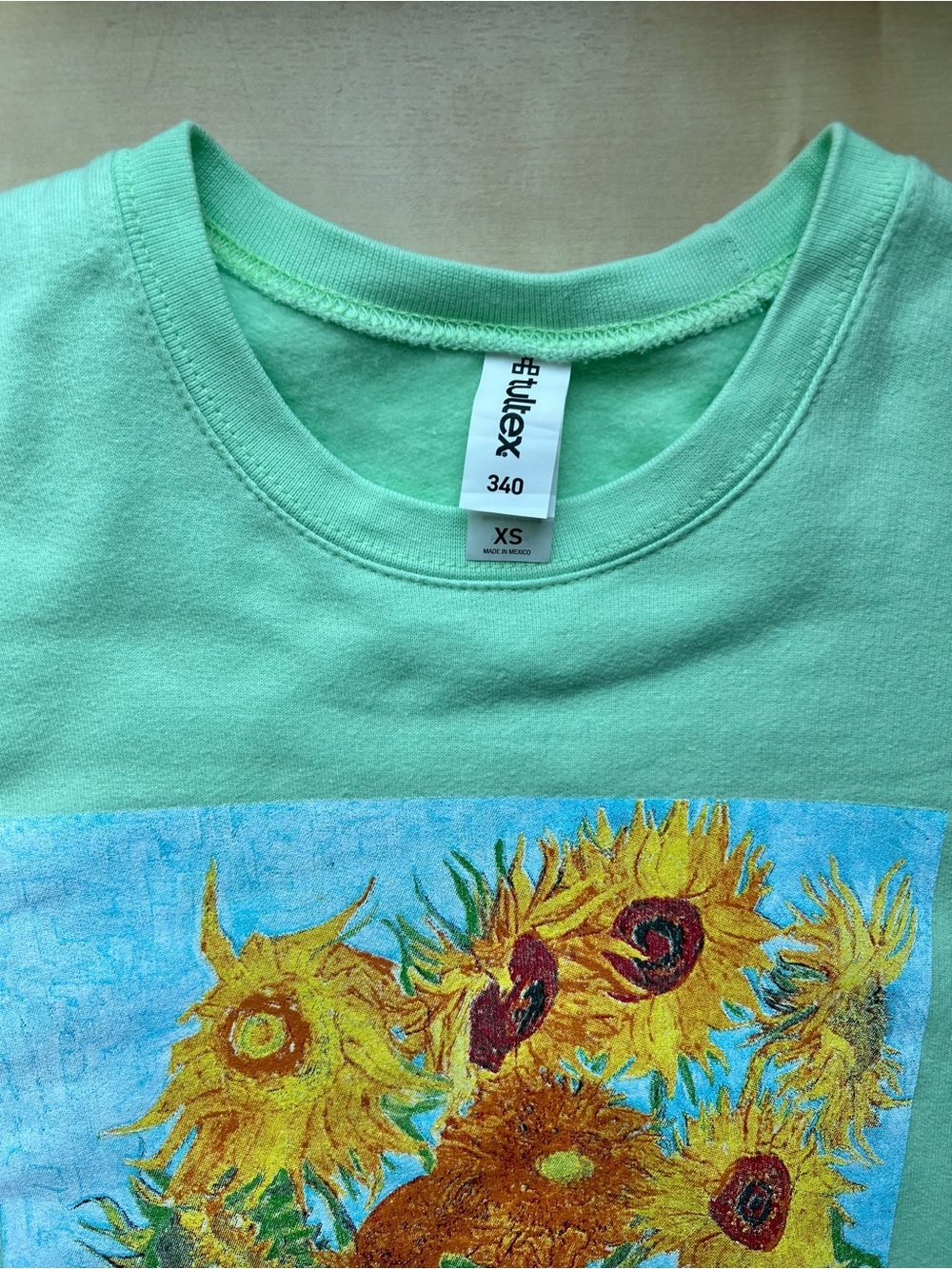 Artsy Mint Green Crewneck Sweatshirt with Van Gogh Sunflowers Print - Picture 3 of 8